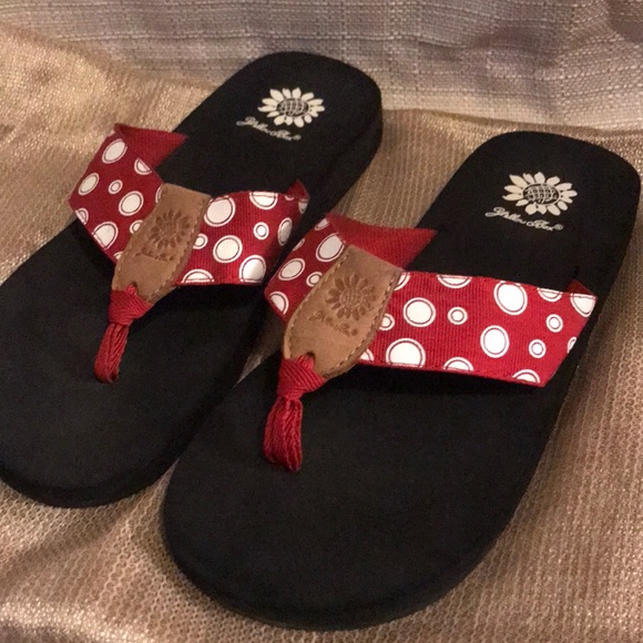 red yellow box flip flops